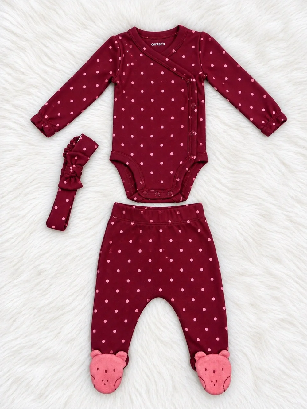 Carter's Maroon and Pink Polka Dot Baby Set with Headband